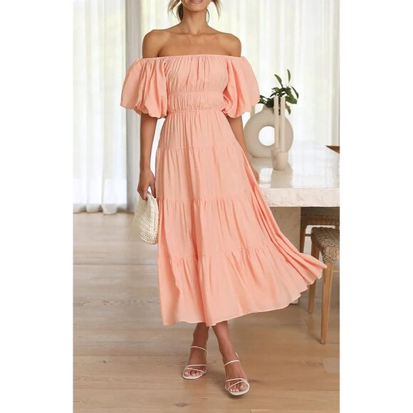 Women’s Off-Shoulder Summer Dress Puff Sleeve Empire Waist A-Line Flowing Midi - Picture 2 of 6